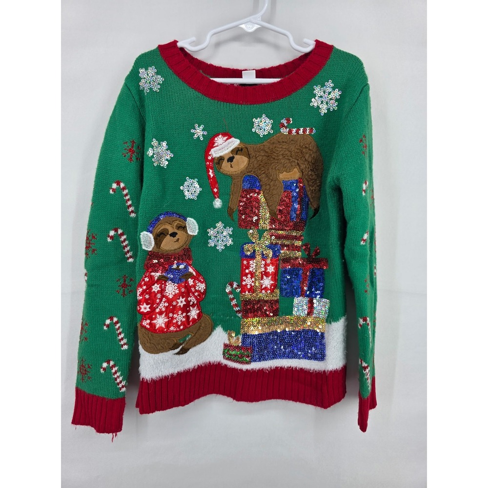 33 Degrees Kids Christmas Sloth Sequin Holiday Sweater Green Red Size M 8